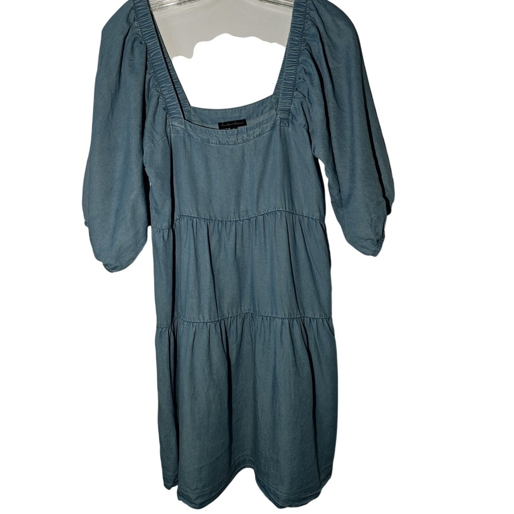Hunter & Brown Tiered‎ Square Neck Puff Sleeve Denim Dress Medium no pockets